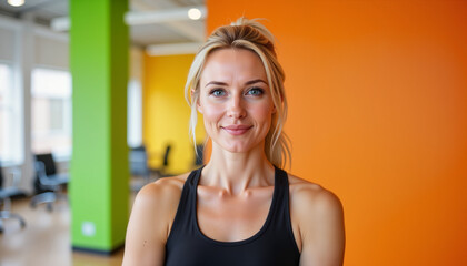 Fit young woman smiling with confidence in colorful gym interior  