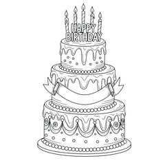 Black and White Birthday Cake Line Art Illustration for Coloring Page