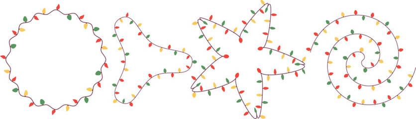 Charming circle, heart, star, and spiral shapes outlined with red, green, yellow, and orange Christmas lights