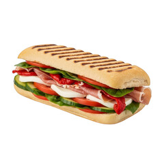 Grilled Panini Sandwich with Prosciutto and Mozzarella isolated on a transparent background