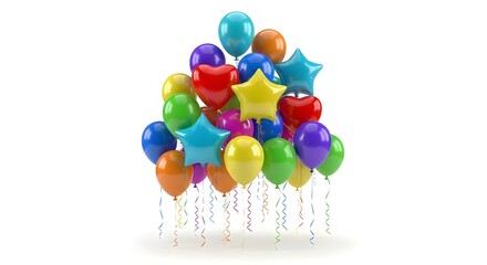 Isolated against a white background, colorful balloons float together as a party decoration.