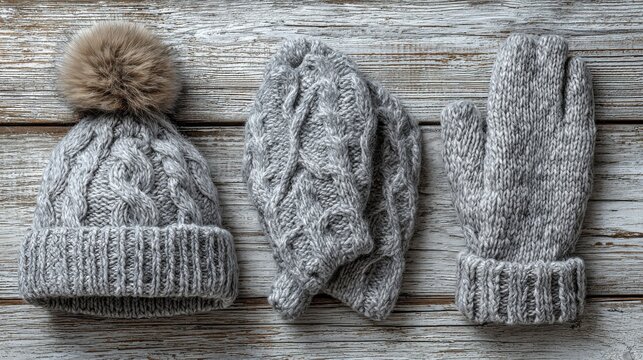 warm grey woolen knitwear socks gloves pom hat and scarf on white rustic wood back