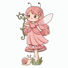 Adorable Pink Fairy with Lantern and Snail Clipart