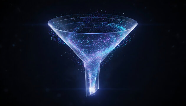 Futuristic digital sales funnel with glowing particles, symbolizing data filtering, lead generation, and business conversion on a dark technology background.