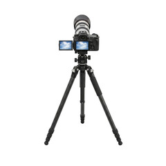 D S L R camera on tripod with sky display isolated on a transparent background