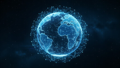 Futuristic digital Earth globe with a glowing plexus network, symbolizing global connection, internet, big data, and globalization on a dark background.