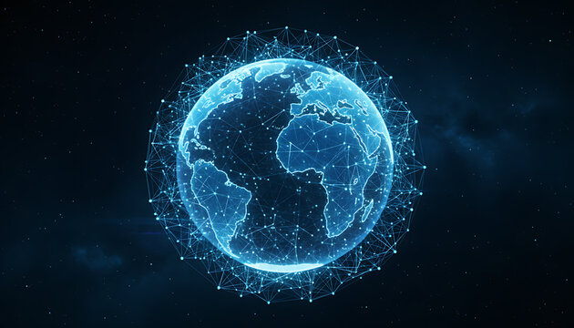 Futuristic digital Earth globe with a glowing plexus network, symbolizing global connection, internet, big data, and globalization on a dark background.