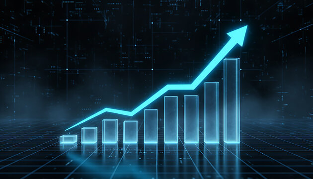 Futuristic digital bar chart with a glowing blue arrow pointing up, symbolizing business growth, financial success, and stock market increase on a dark technology background.