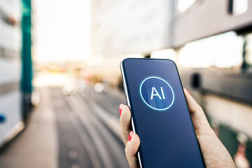 AI app for city street navigation, transportation or travel in phone. Urban business building. Road traffic data. Future mobile artificial intelligence in infrastructure or construction. Geo location.