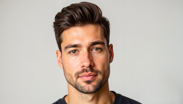 Young man with stylish haircut posing in front of neutral background  