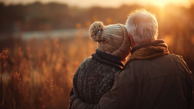 side view of senior couple hugging outside in spring nature at sunset no logos no brands ar 169 - Powered by Adobe
