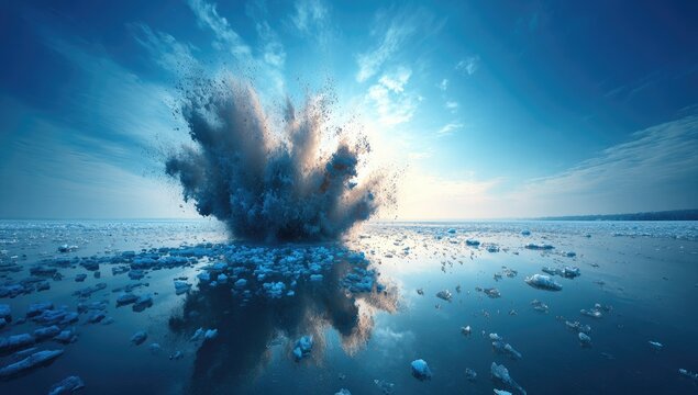 Ice explosion on a frozen lake