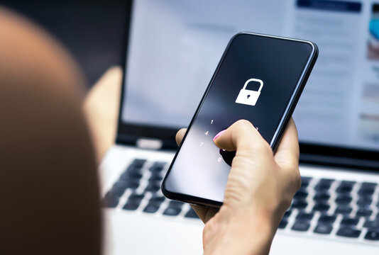 Data privacy. Protect with AI cybersecurity in phone. Password against cyber fraud, scam or identity theft. Online account mobile lock. Personal internet bank security verification code.