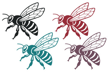 set of Bee flying silhouette illustration isolated on white background