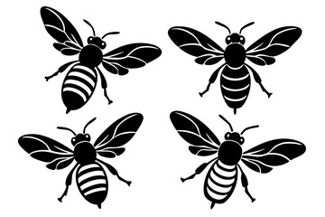 set of Bee flying silhouette illustration isolated on white background