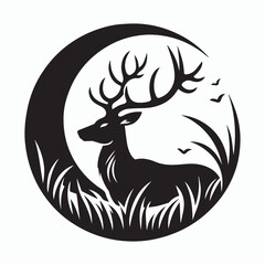Monochrome Minimalist Stag Deer with Antlers in Grass and Moon Circle Logo