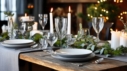Fototapeta premium An elegant Christmas table setting with candles and greenery, with space for text at the top. Merry Christmas and Happy Holidays greeting card, frame, and banner. New Year. Noel. Winter Christmas