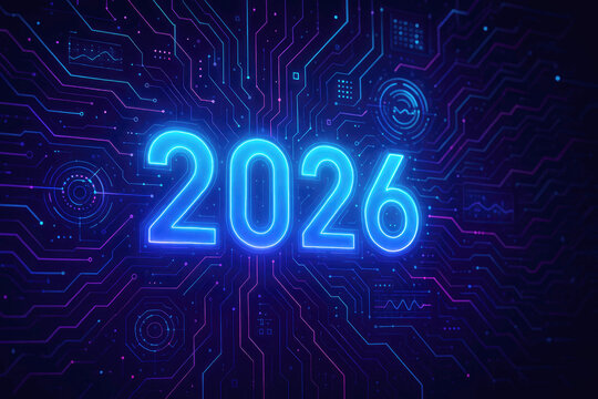 Glowing Blue Neon 2026 on a Dark Circuit Board with Pink and Blue Circuitry and Data Elements year future