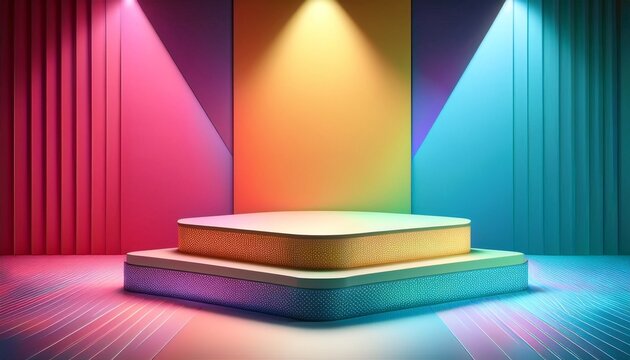 Diseno De Podio Para Presentacion De Producto De Diseno Render Tridimensional De Escalones Con Iluminacion De Reflectores Y Diferentes Materiales Brillantes Y Con Patrones Fondo Colorido 3D