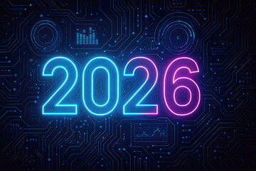 Glowing Neon Numbers 2026 on Futuristic Circuit Board Background with Data Visualizations year future