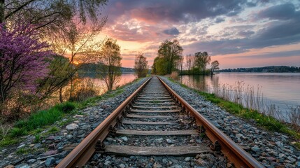Obraz premium sunset view of the railway tracks leading to a lake in springtime with a beautiful sky