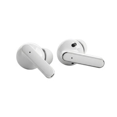 Two white wireless earbuds isolated on a transparent background