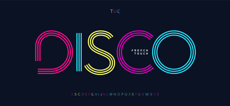 Retro disco font, line logo alphabet, stripe letter for abstract technology headline, vintage disco poster, party vintage banner, bauhaus modern typographic design. Vector typeset