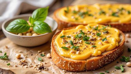 Freshly made cheesy spread on toasted bread with herbs and basil  