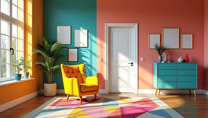 Sunlit living room interior featuring a yellow armchair, colorful rug, and turquoise cabinet against a vibrant wall