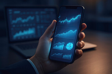 Hand holding smartphone displaying financial charts and graphs with laptop in background business finance