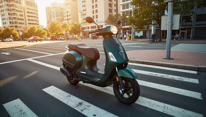 Electric scooter parked on crosswalk in city during sunset  