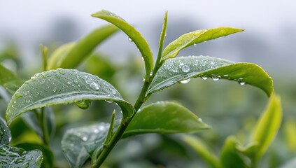 Fresh tea leaves, glistening with dew drops