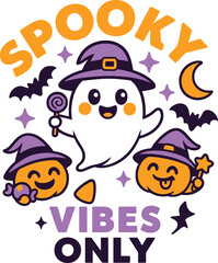 Playful Halloween Characters Design: Adorable Ghost with Lollypop and Pumpkins