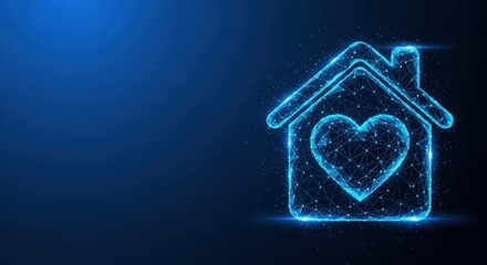 A glowing blue digital icon of a house with a heart