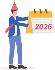 A man wearing a party hat holding a board with 2026
