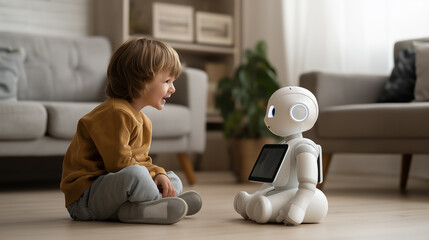 A child interacting playfully with a friendly, non-threatening personal robot companion in a cozy, minimalist living room, highlighting positive human