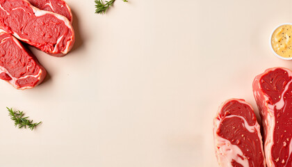 Fresh raw meat cuts with herbs and mustard on light background  
