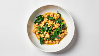 Spinach and chickpea pasta served in a white bowl on a white background  