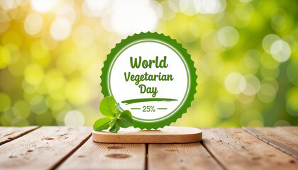 World Vegetarian Day sign with green leaves on wooden table  