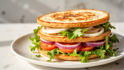 Fresh vegetable sandwich with lettuce, tomatoes, and onions on plate  