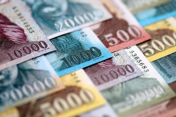 Hungarian Forints currency money bills in big amount. Many HUF currency banknotes with different...