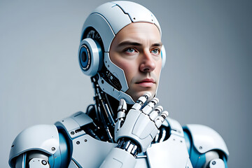 Humanoid robot with a thoughtful expression, pondering the future of artificial intelligence on a neutral background