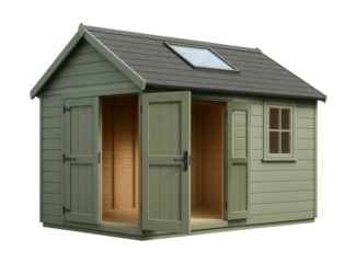A roomy garden shed with a skylight, ideal for hobbyists needing extra workspace.