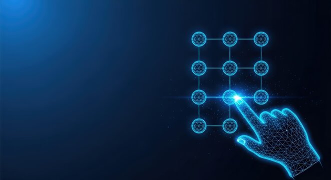 A glowing digital finger draws a futuristic security pattern