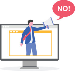 Businesswoman speaking with a megaphone showing a chat dialog with the word NO illustration of disagreement over an idea
