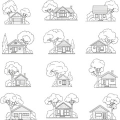 Obraz premium Isolated a Architectural Drawings, Minimal style cad tree line drawing, Side view, set of graphics trees elements outline symbol for landscape design drawing in stroke fill in vector art .