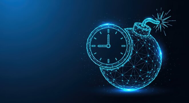 A glowing digital wireframe of a time bomb with a clock face