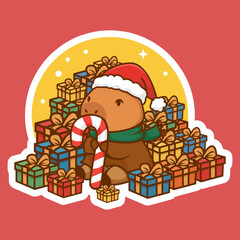 Cute Reindeer with Santa Hat and Candy Cane Surrounded by Christmas Presents