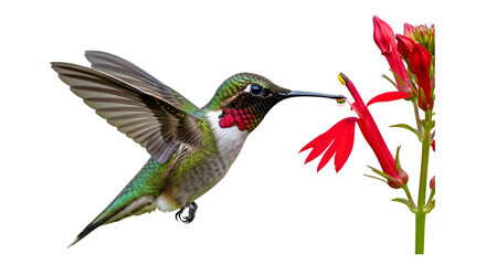 Fototapeta premium Ruby-Throated Hummingbird in Flight Sipping Nectar from Cardinal Flower Isolated on Transparent Background, Avian Beauty, Wildlife, Nature Photography, Detailed Plumage, Vibrant Red Petals