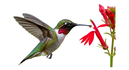 Ruby-Throated Hummingbird in Flight Sipping Nectar from Cardinal Flower Isolated on Transparent Background, Avian Beauty, Wildlife, Nature Photography, Detailed Plumage, Vibrant Red Petals